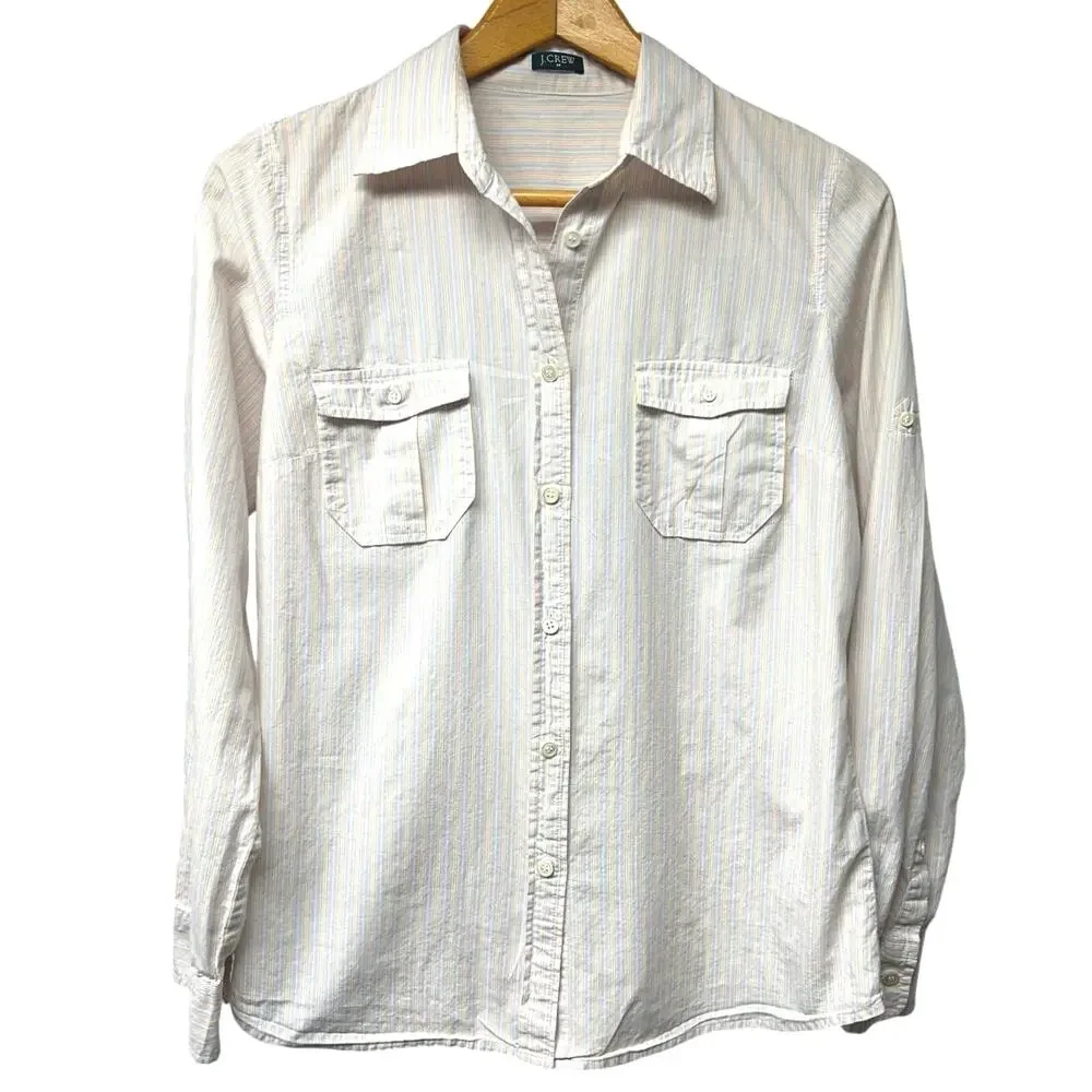 J Crew Sz Small Medium White Vertical Pastel Pinstripes Button Up Cotton Blouse
